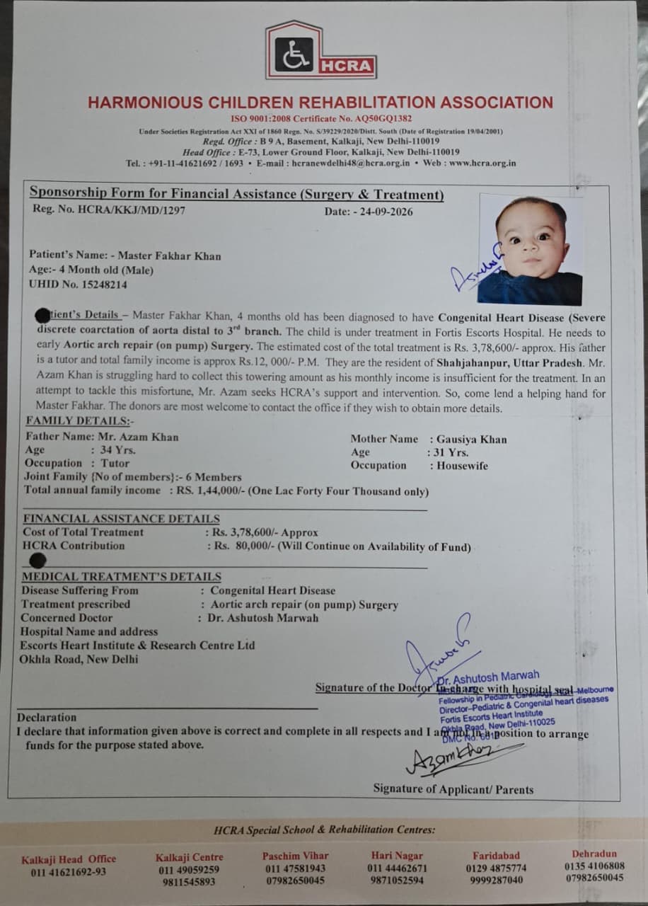Sponsor 4-Month-Old Master Fakhar Khan’s Critical Heart Surgery